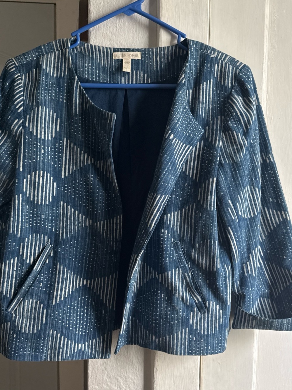Eileen Fisher Blue and White Geometric Open-Front Blazer